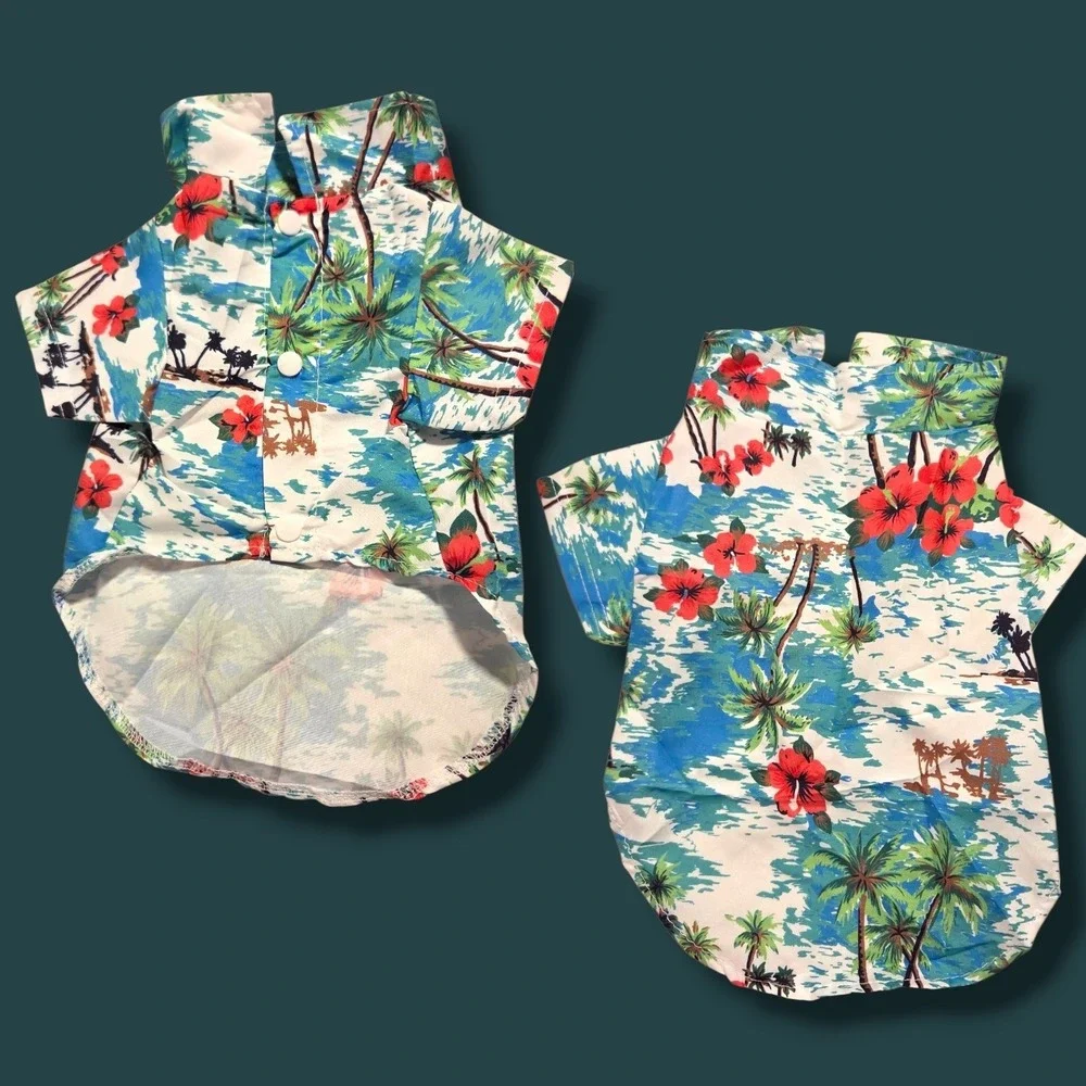 Tropical Palm Tree Hibiscus Pet Hawaiian Shirt Blue Size L Dog‎ Clothes